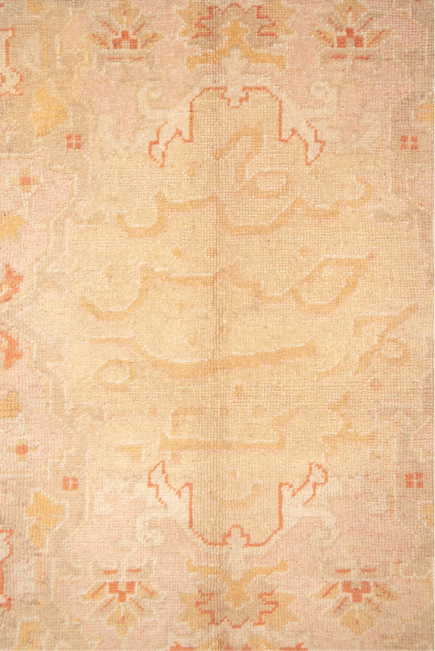 11' x 14' one-of-a-kind handmade vintage Oushak oversize rug. Color palette: bisque, brown, burlywood, off-white, orange