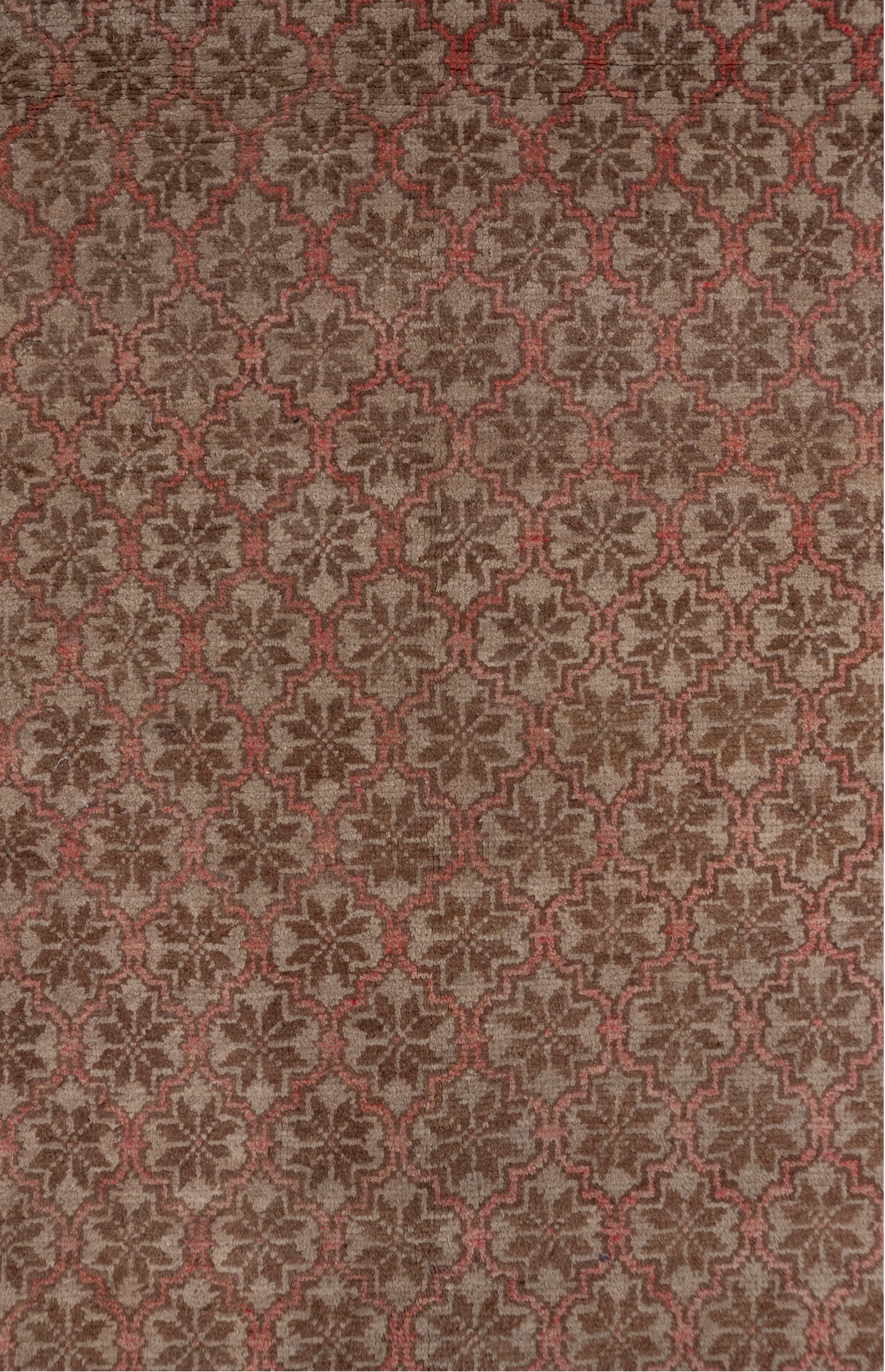 4' x 8' one-of-a-kind handmade vintage Oushak rug. Color palette: brown, gray, light gray, off-white, pink