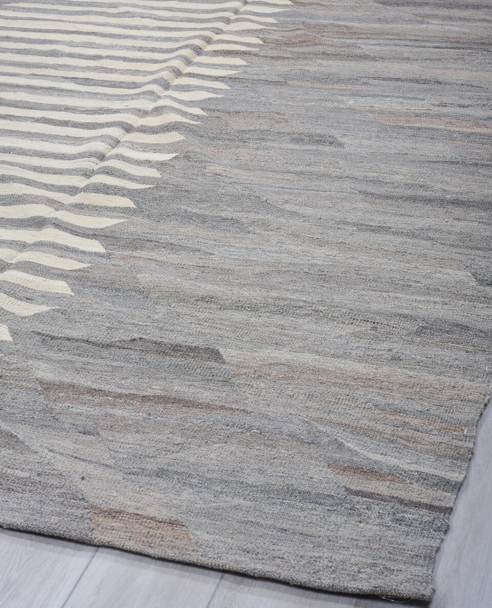 9' x 11' one-of-a-kind handmade vintage Kilim large size rug. Color palette: dark gray, dim gray, gainsboro, gray