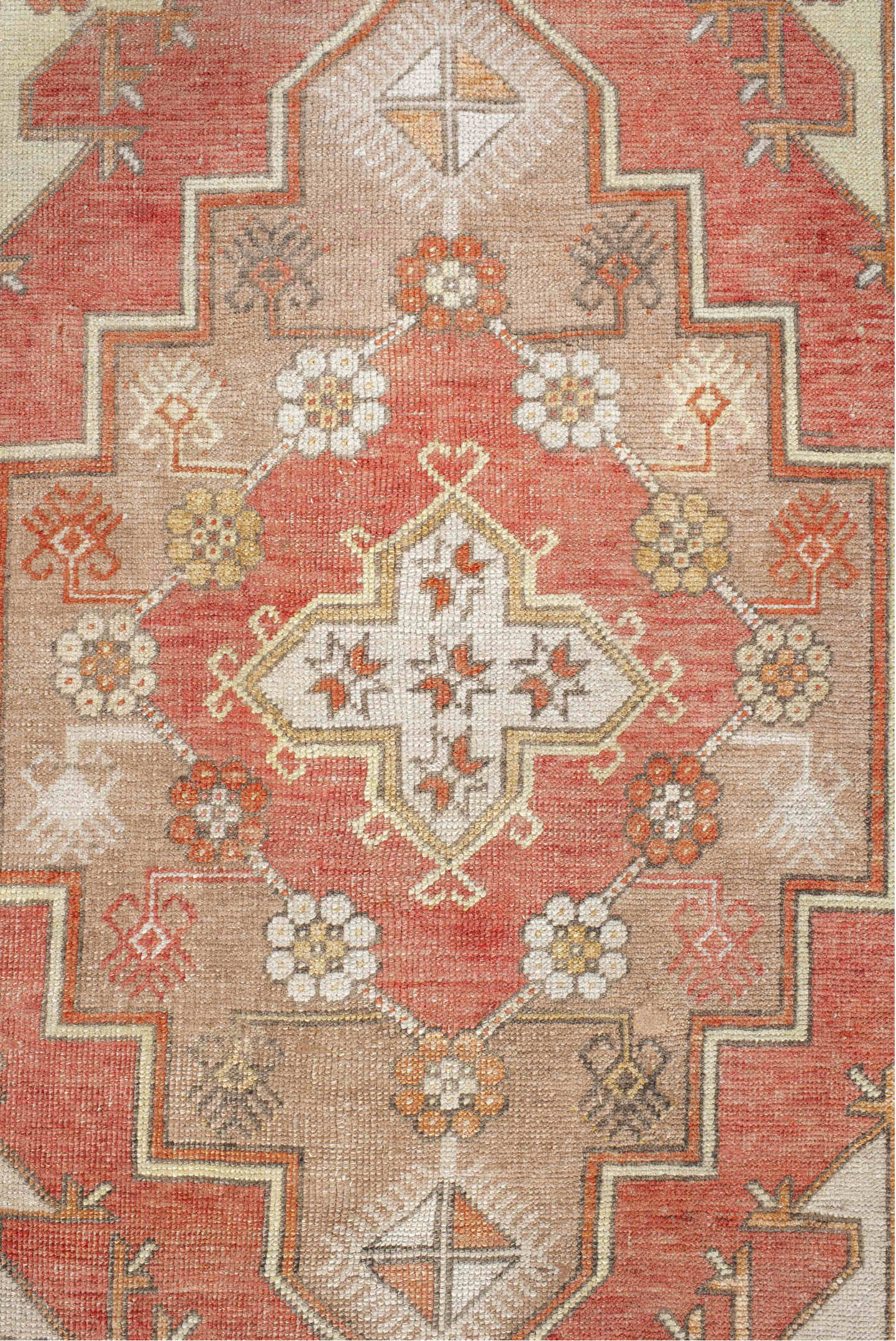 3' x 10' one-of-a-kind handmade vintage Anatol runner rug. Color palette: pink, brown, off-white, orange, red, gray