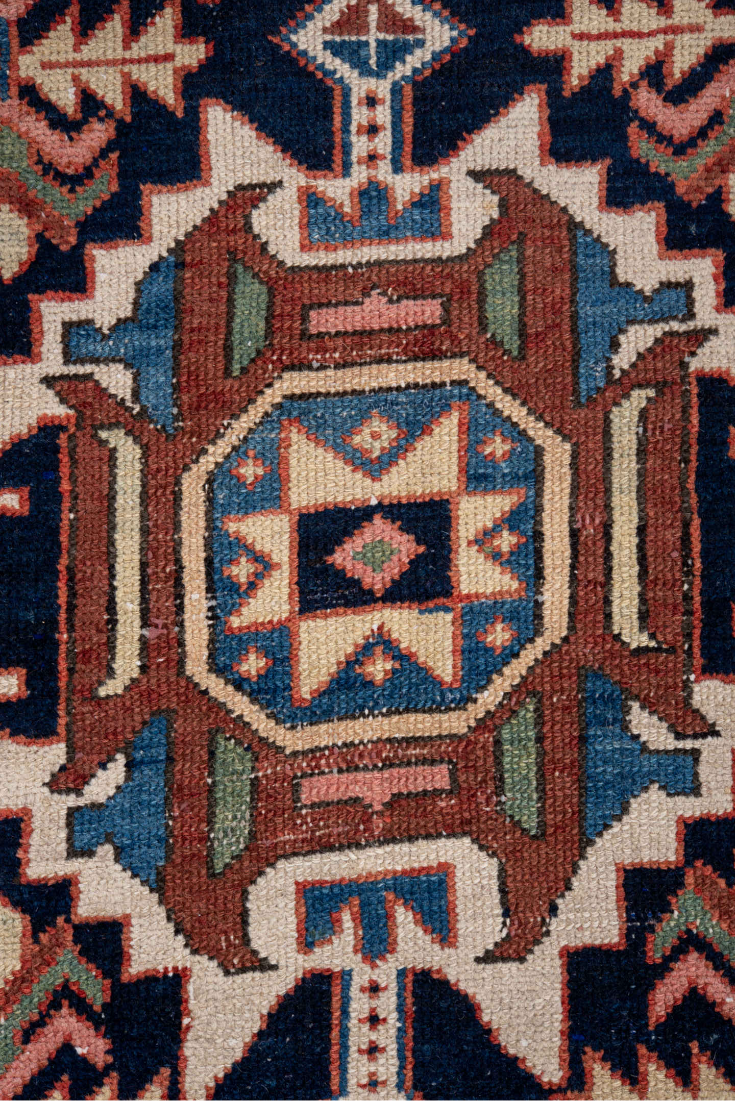 3' x 10' one-of-a-kind handmade vintage Karaje runner rug. Color palette: blue, brown, gray, light gray, off-white, pink