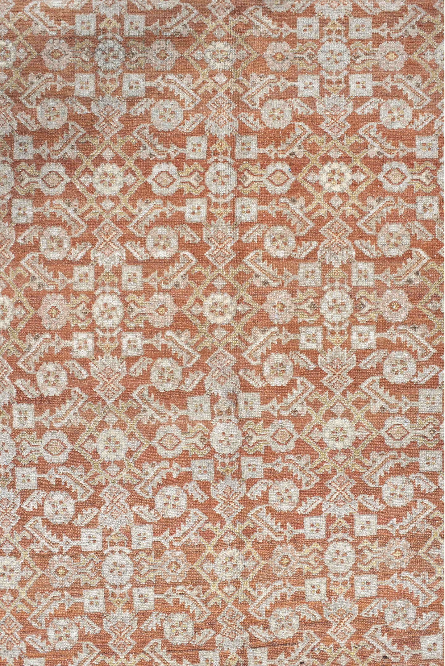 4' x 6' one-of-a-kind handmade vintage Senne small size rug. Color palette: off-white, brown, gray, orange, pink, light gray