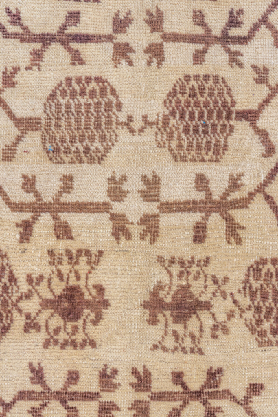 5' x 7' one-of-a-kind handmade vintage Tulu rug. Color palette: brown, gray, light gray, off-white, orange, pink