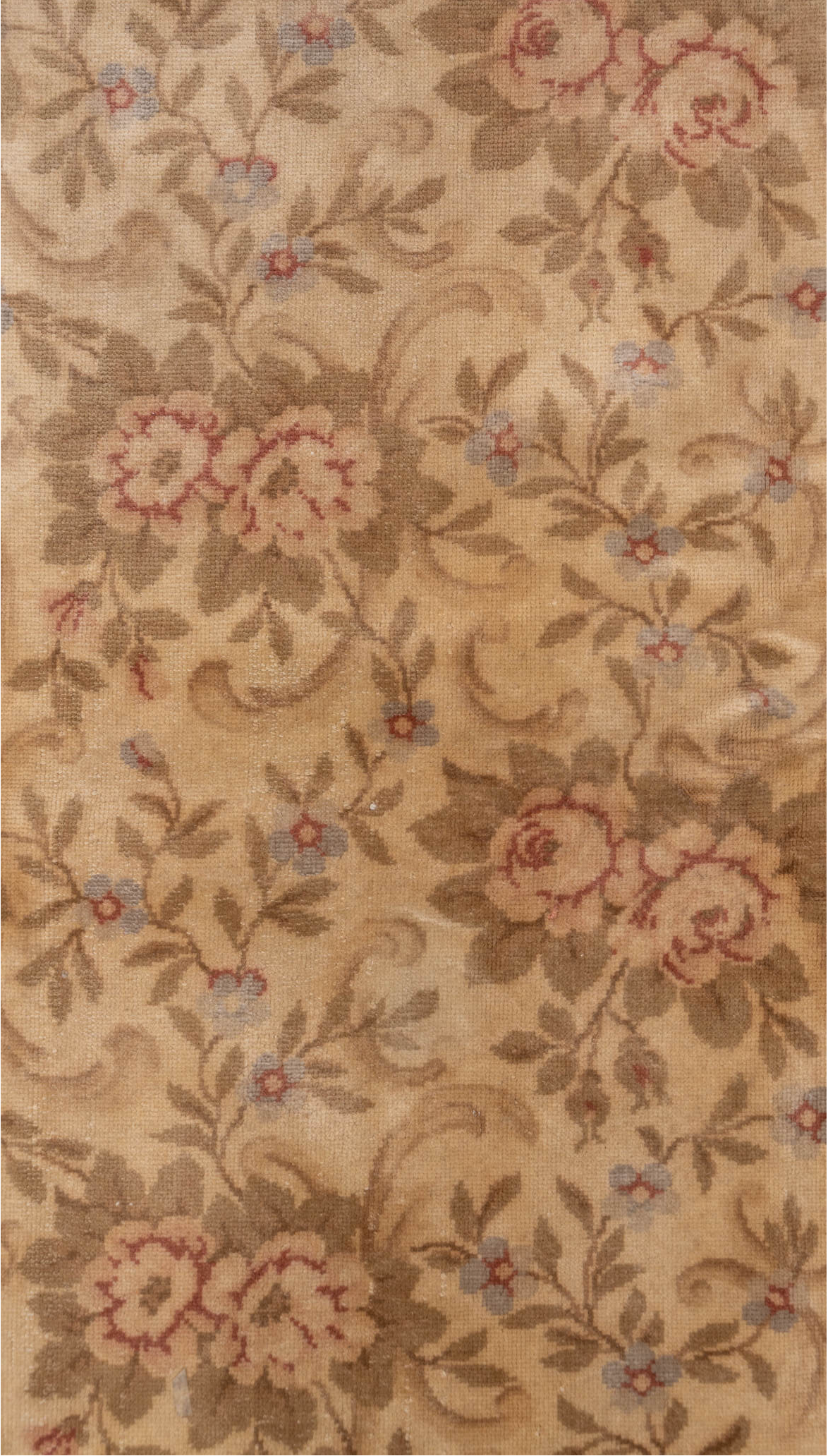 5' x 8' one-of-a-kind handmade vintage Savonnerie medium size rug. Color palette: brown, gray, light gray, off-white, pink