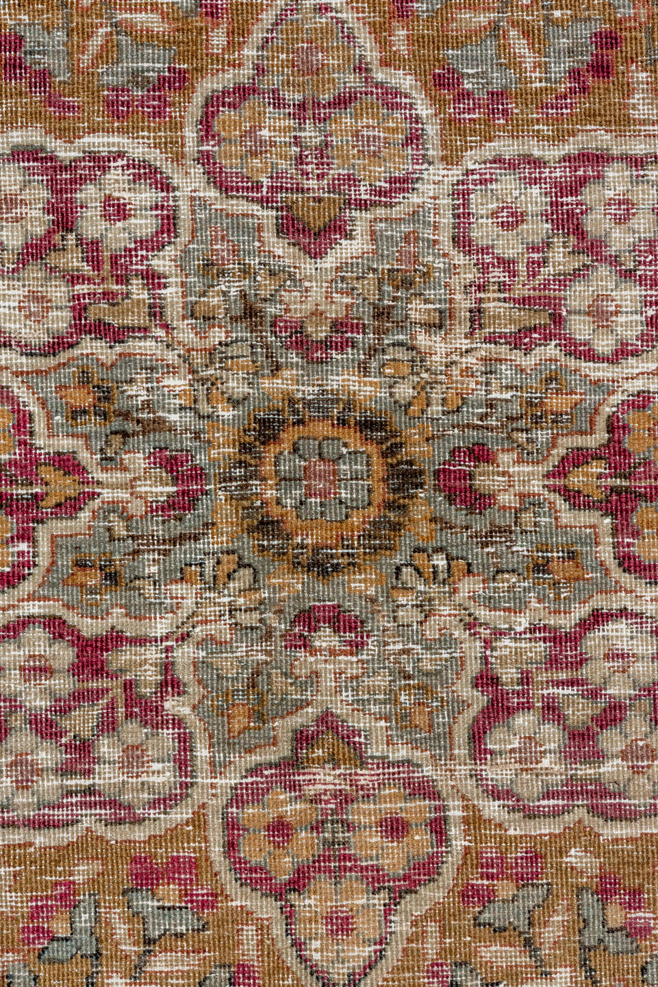 9' x 13' one-of-a-kind handmade vintage Lavar large size rug. Color palette: brown, gray, light gray, off-white, pink, red