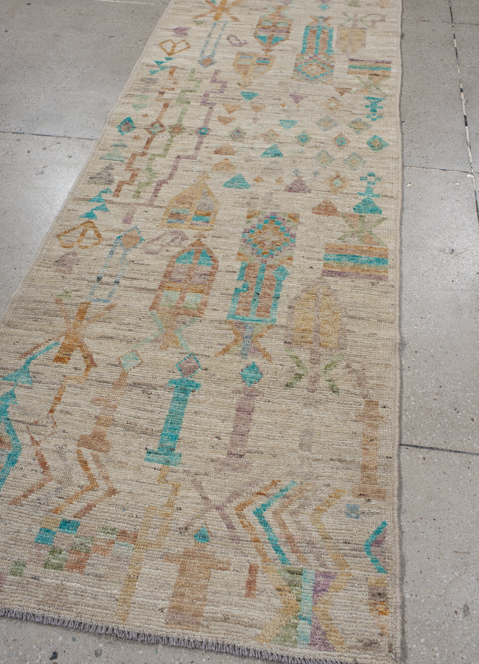 3' x 9' one-of-a-kind handmade vintage Kilim runner rug. Color palette: blue, brown, cadet blue, gainsboro, gray, green
