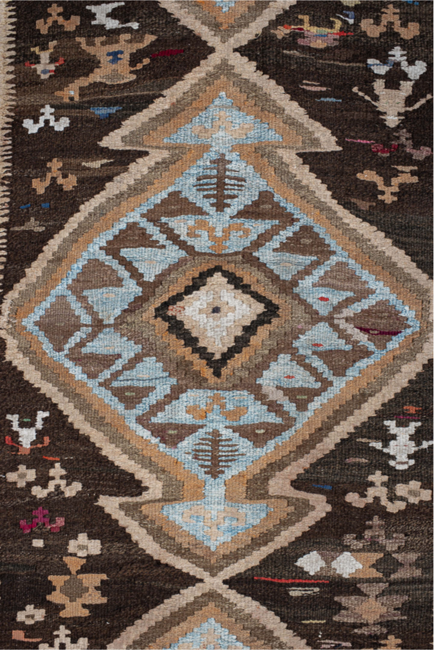 4' x 14' one-of-a-kind handmade vintage Kilim runner rug. Color palette: red, brown, gray, light gray, off-white, pink