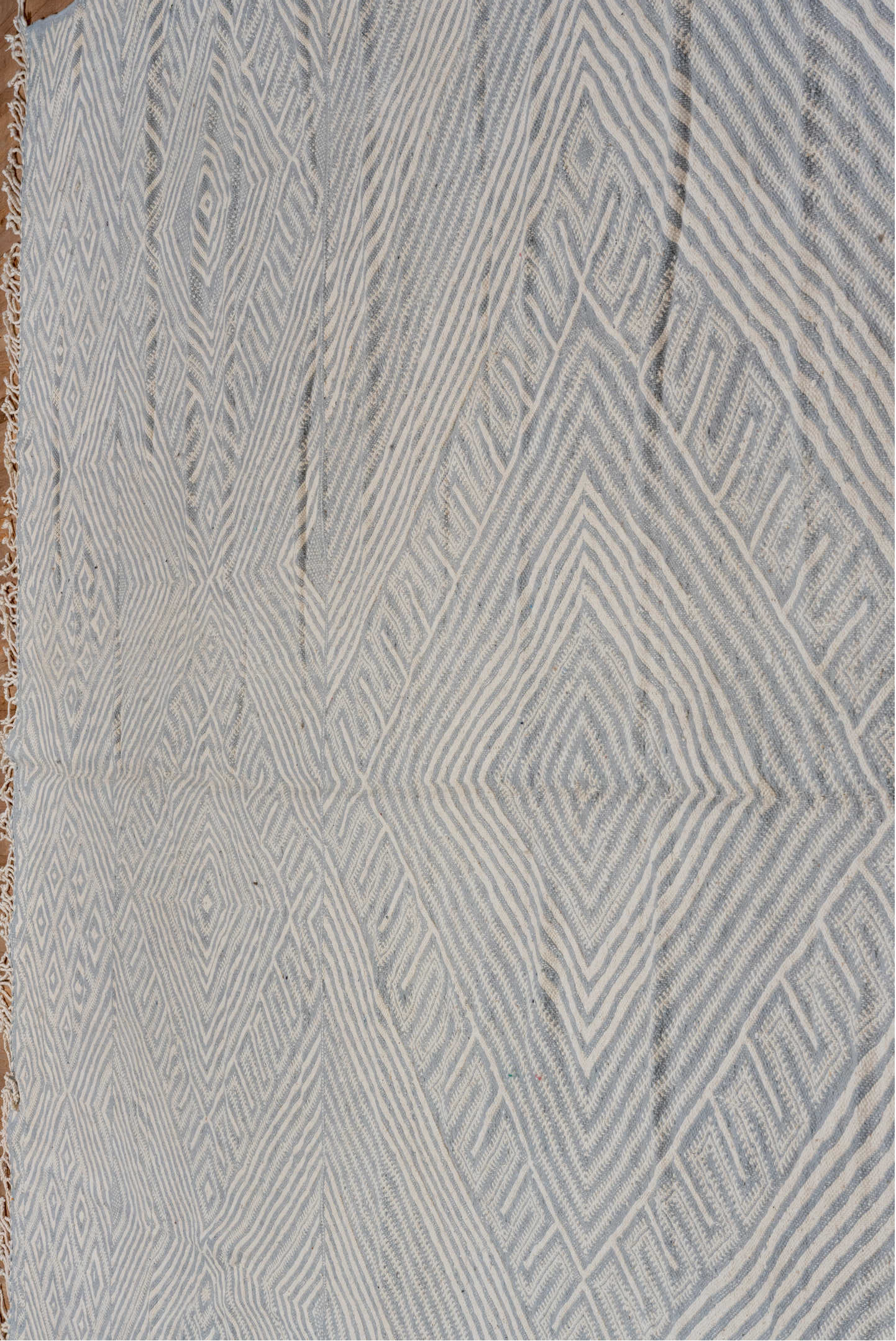 10' x 14' one-of-a-kind handmade vintage Kilim large size rug. Color palette: blue, brown, dark gray, floral white