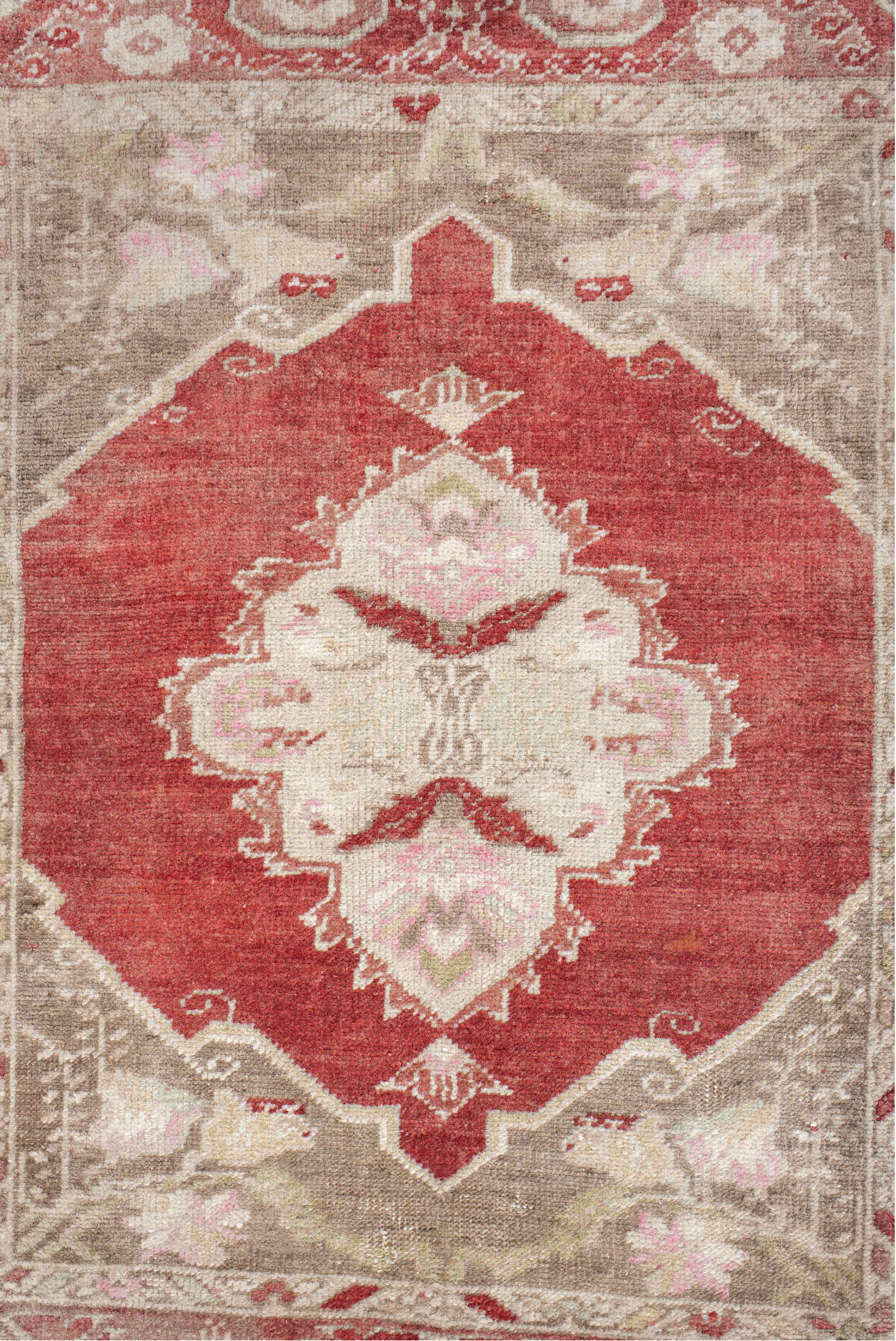 1' x 2' one-of-a-kind handmade vintage Anatol small size rug. Color palette: light gray, off-white, gray, red, brown, pink