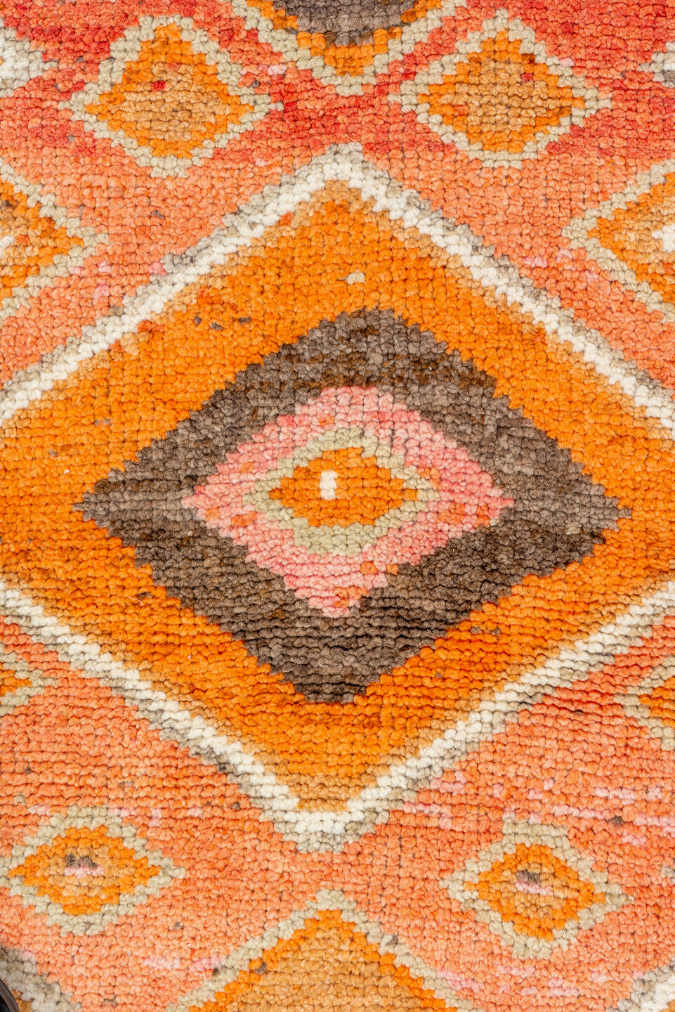 2' x 10' one-of-a-kind handmade vintage Oushak runner rug. Color palette: brown, light gray, off-white, orange, pink, red