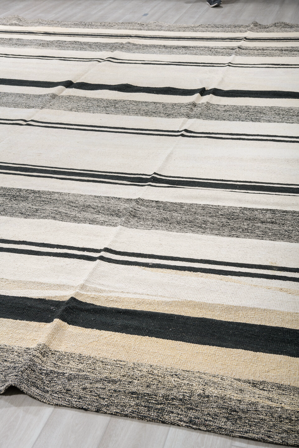 13' x 16' one-of-a-kind handmade vintage Kilim oversize rug. Color palette: black, brown, charcoal, dark gray, dim gray