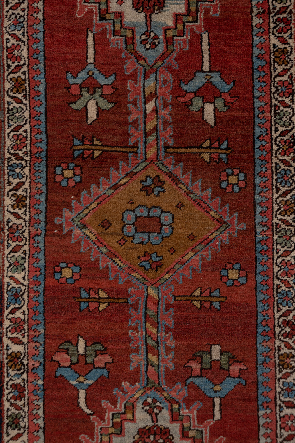 3' x 15' one-of-a-kind handmade vintage Serapi runner rug. Color palette: brown, dim gray, gray, off-white, pink, red, snow