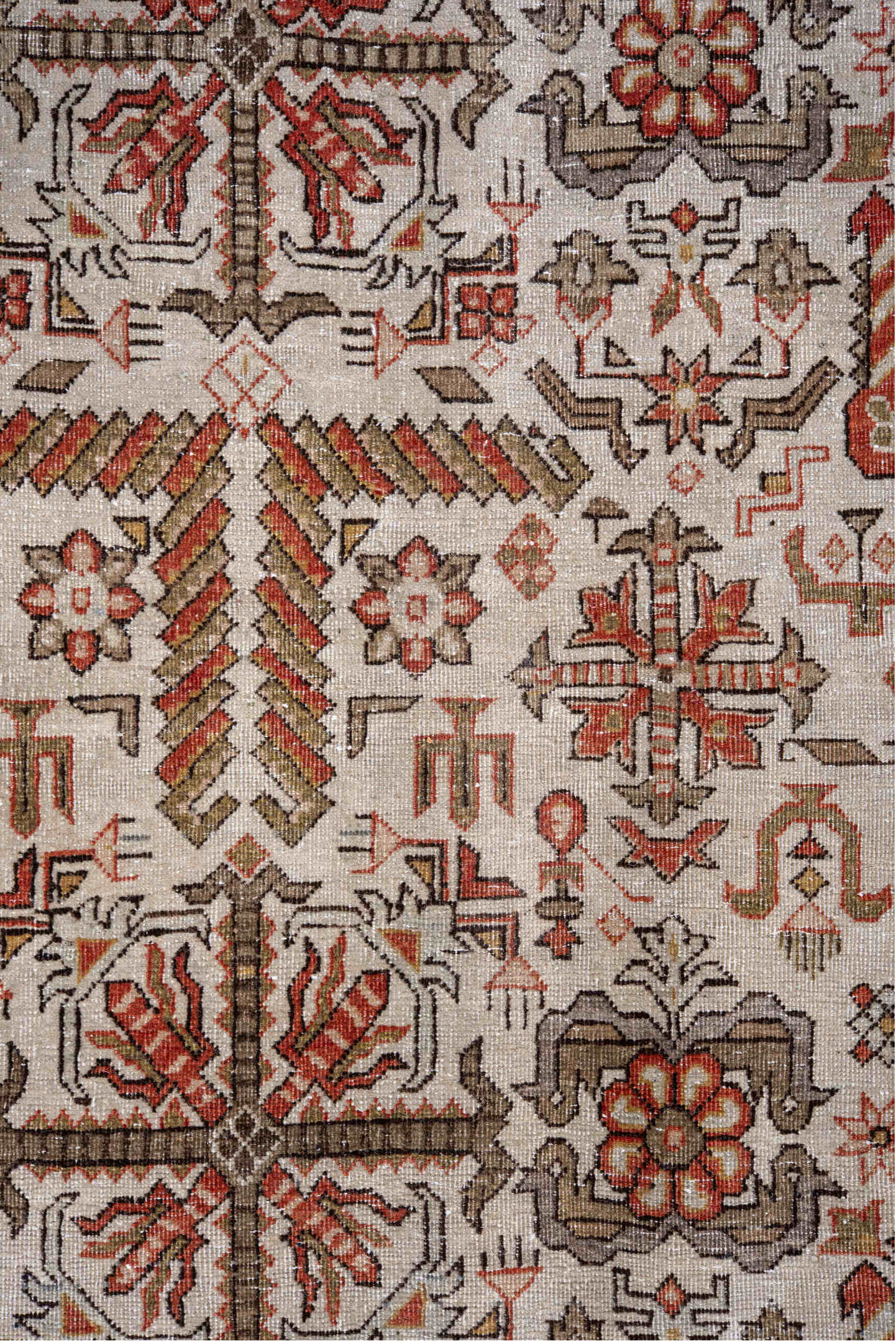 8' x 12' one-of-a-kind handmade vintage Varamin large size rug. Color palette: brown, gainsboro, gray, light gray, off-white