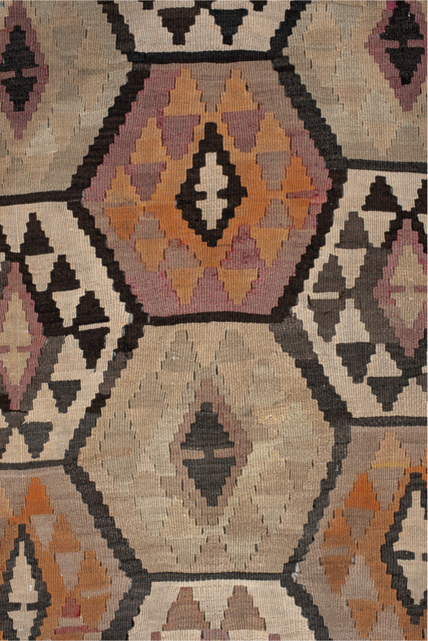 6' x 12' one-of-a-kind handmade vintage Kilim large size rug. Color palette: brown, orange, gray, black, pink, tan