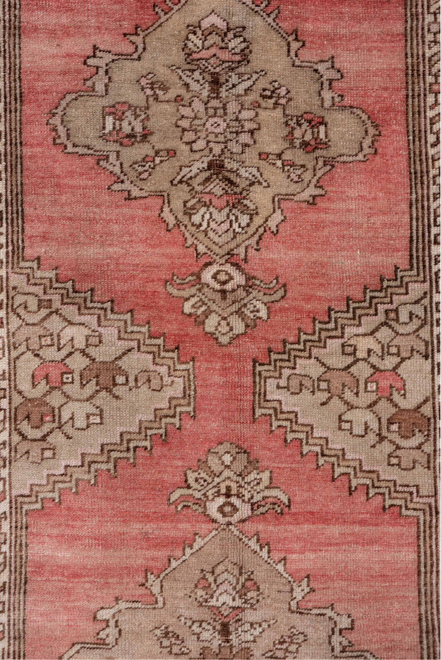 3' x 13' one-of-a-kind handmade vintage Oushak runner rug. Color palette: brown, light gray, off-white, orange, pink, red