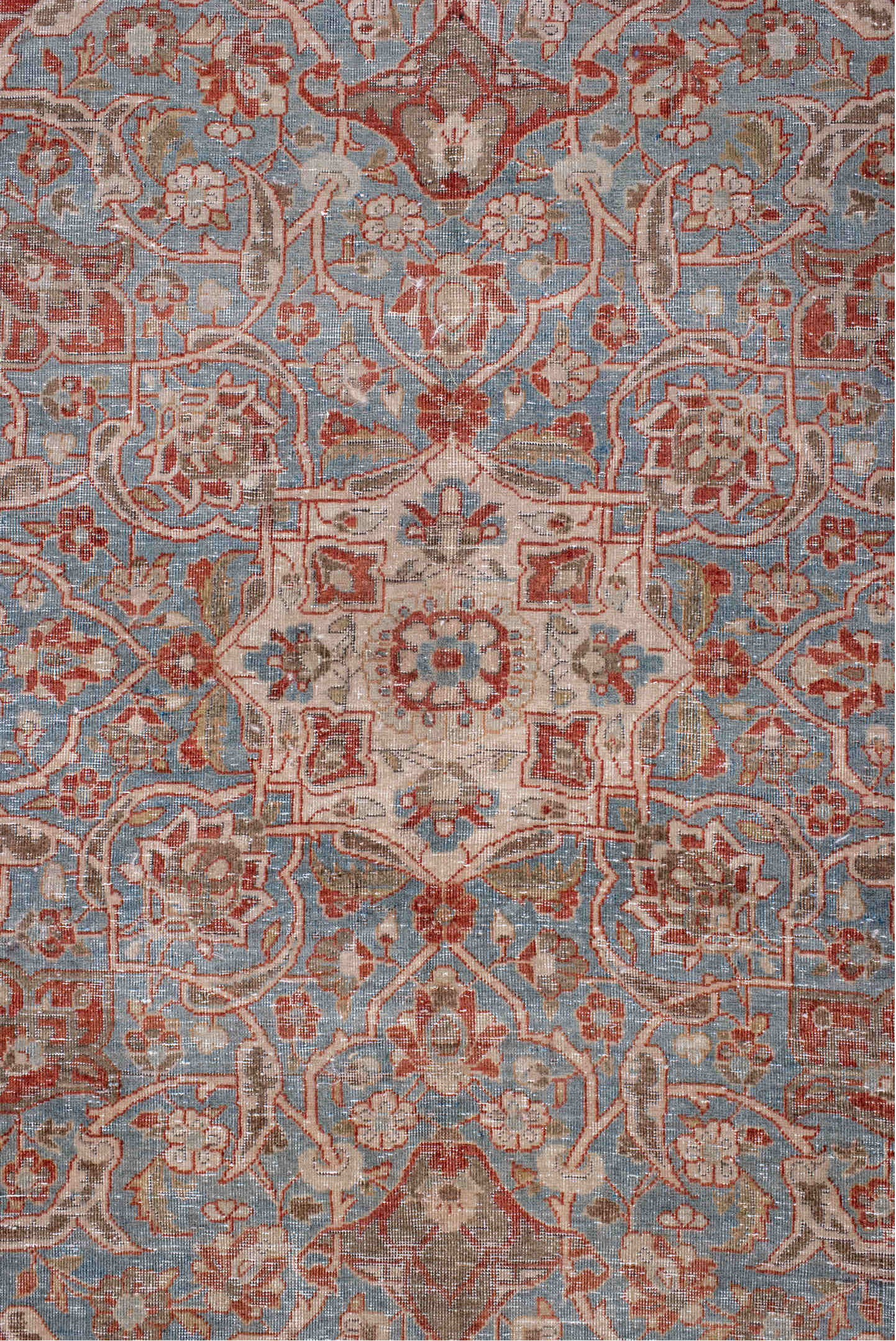 10' x 17' one-of-a-kind handmade vintage Kashan rug. Color palette: brown, dark gray, gray, light blue, light gray, pink