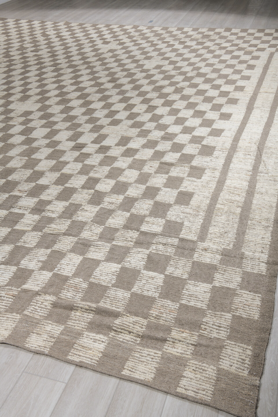 13' x 16' one-of-a-kind handmade vintage Tulu oversize rug. Color palette: floral white, gainsboro, gray, light gray, linen