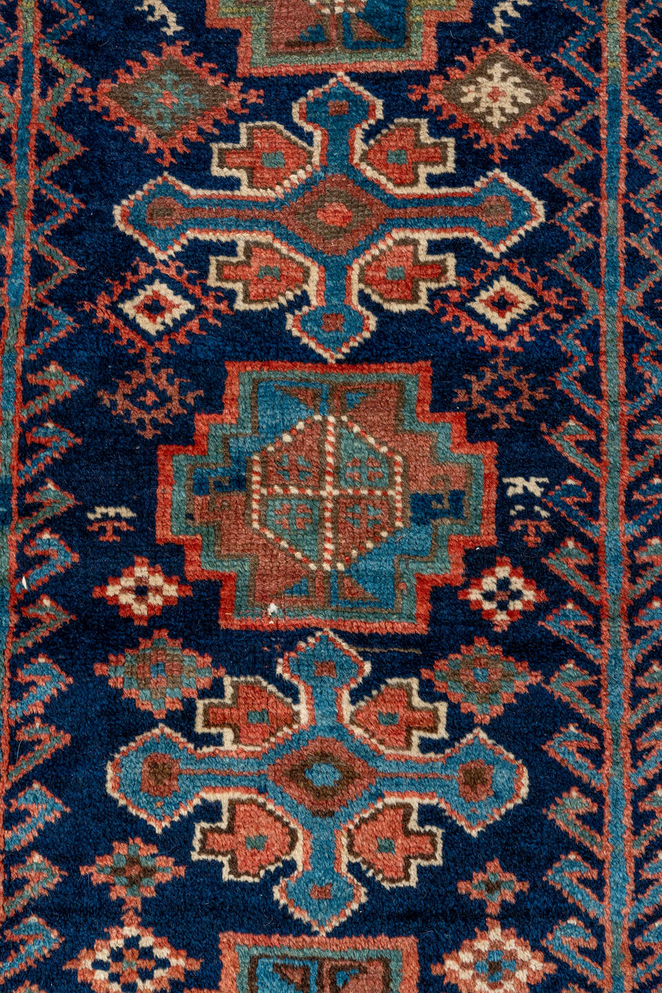 4' x 5' one-of-a-kind handmade vintage Kurd small size rug. Color palette: blue, brown, dim gray, fiord, gray, pink, red