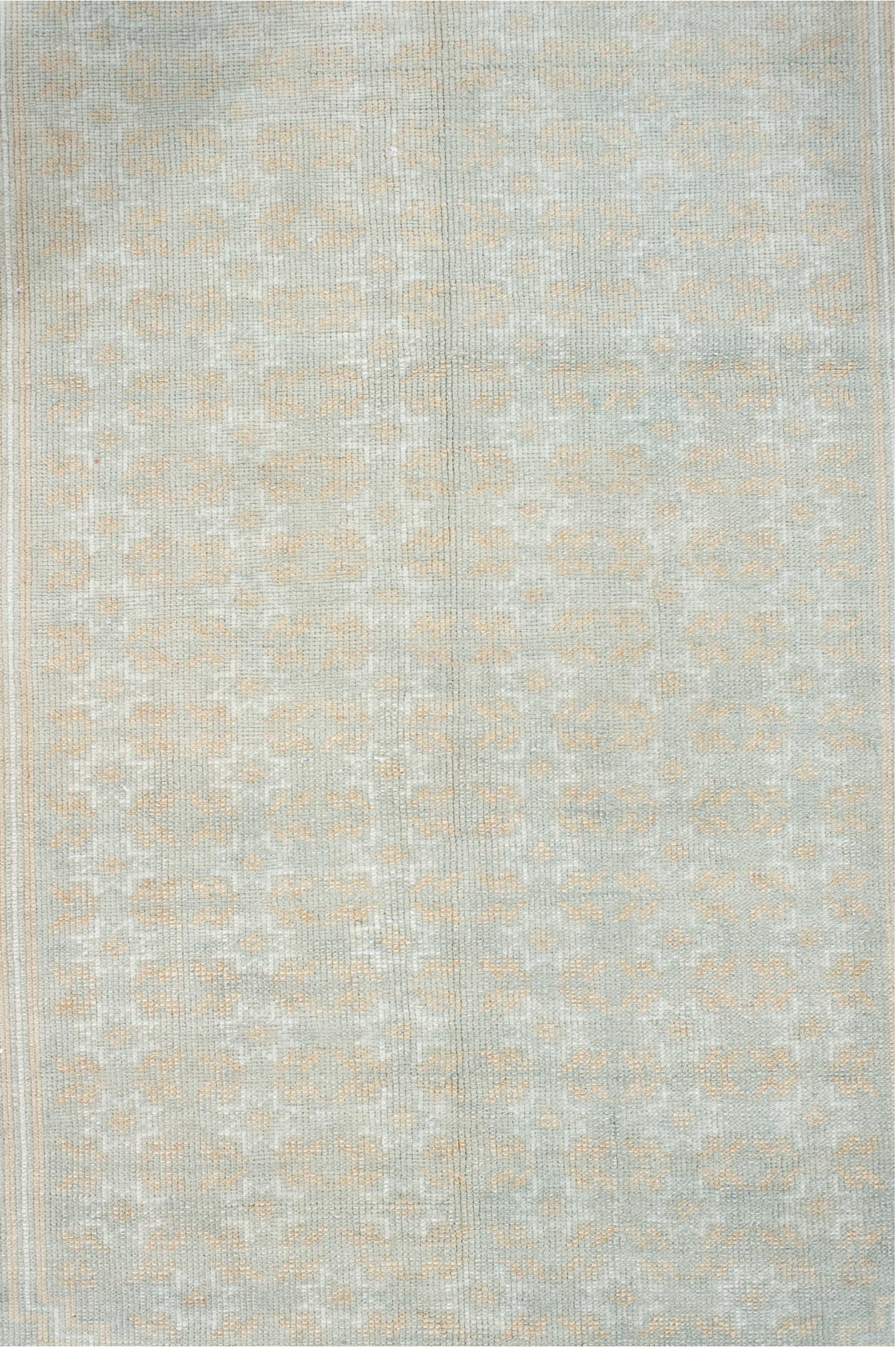 3' x 6' one-of-a-kind handmade vintage Anatol small size rug. Color palette: light gray, gray, off-white, pink, linen