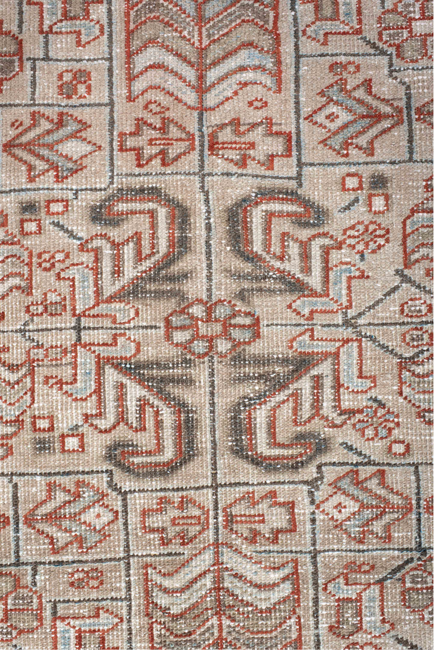 6' x 9' one-of-a-kind handmade vintage Heriz medium size rug. Color palette: gray, off-white, red, brown, pink, light gray