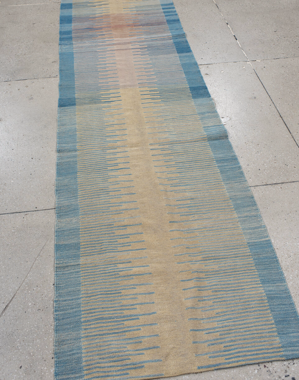 2' x 13' one-of-a-kind handmade vintage Kilim runner rug. Color palette: blue, brown, gray, light gray, off-white, pink