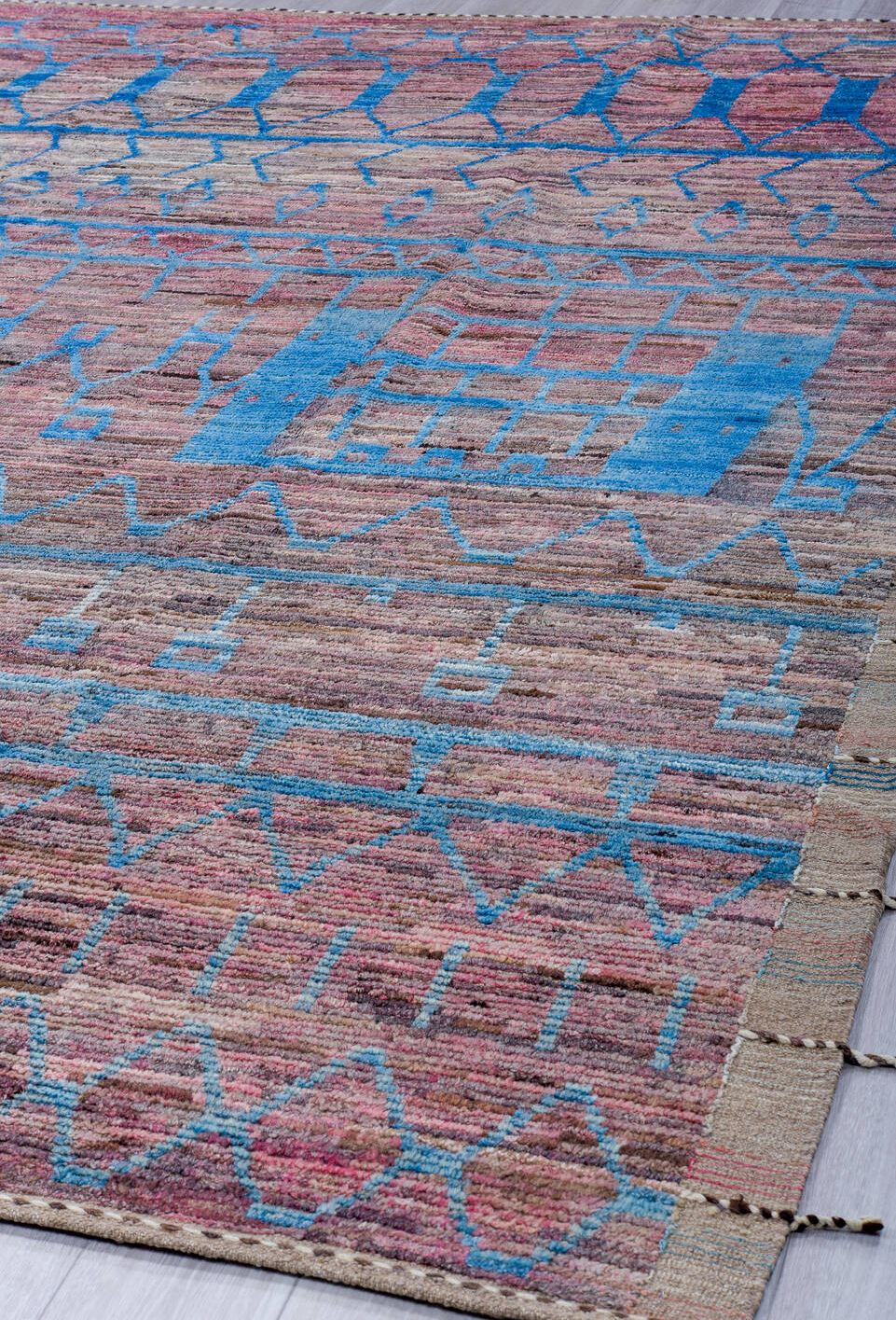 9' x 12' one-of-a-kind handmade vintage Tulu large size rug. Color palette: black, blue, brown, gray, light blue, light gray