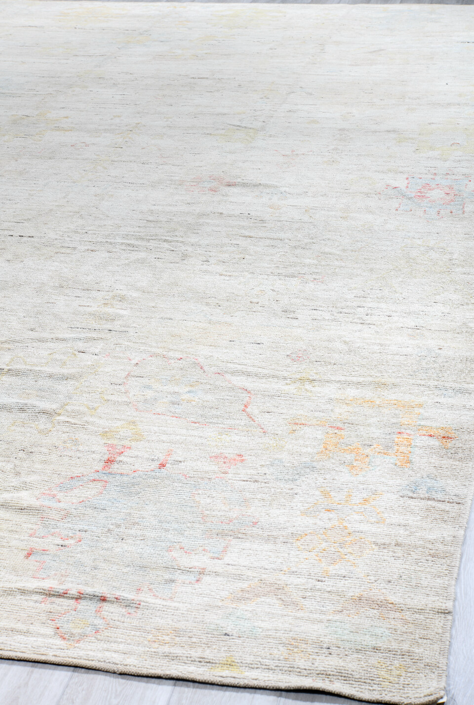 13' x 19' one-of-a-kind handmade vintage Tulu oversize rug. Color palette: black, blue, brown, dark gray, gray, light gray