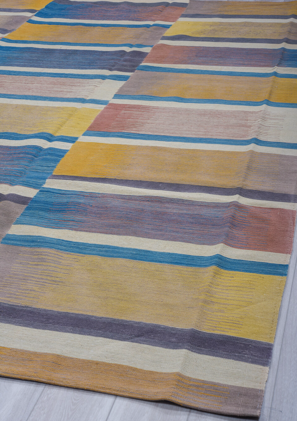 8' x 12' one-of-a-kind handmade vintage Kilim large size rug. Color palette: black, blue, brown, gray, light blue