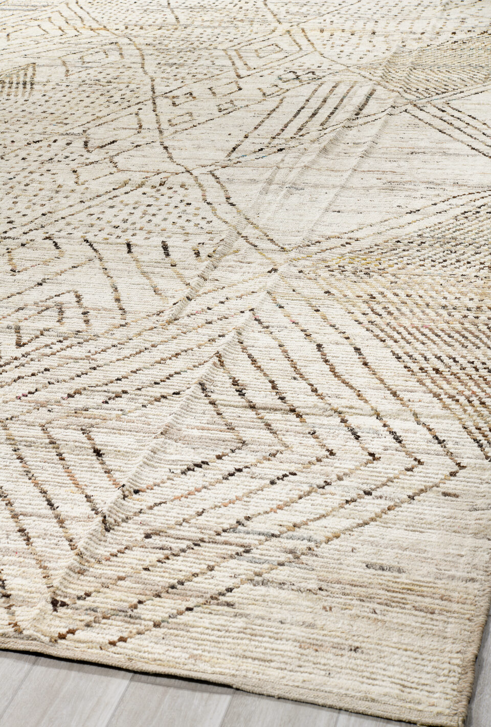 12' x 18' one-of-a-kind handmade vintage Tulu oversize rug. Color palette: beige, black, brown, gainsboro, gray, light gray