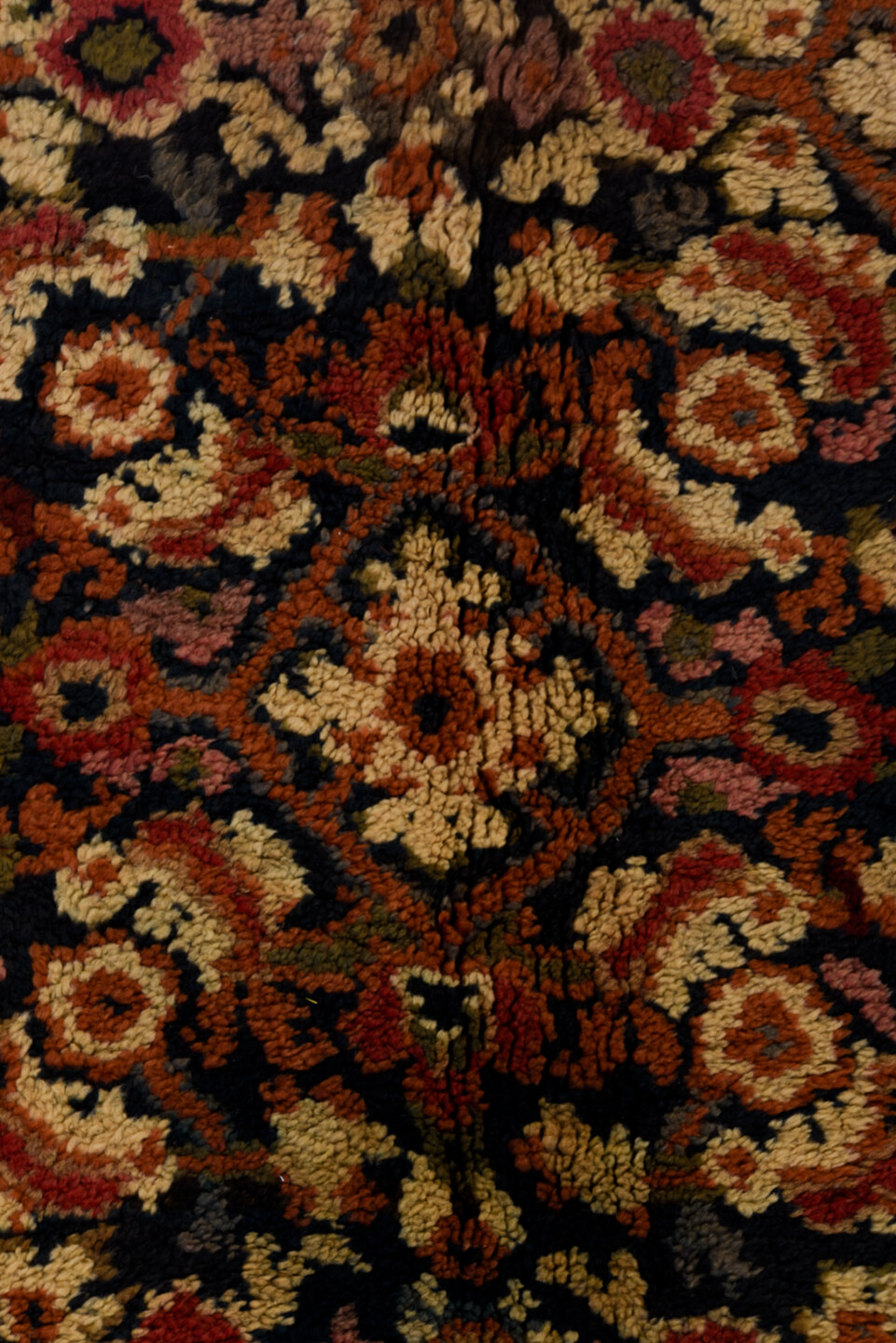 10' x 12' one-of-a-kind handmade vintage European large size rug. Color palette: brown, red, gray, pink, saddle brown