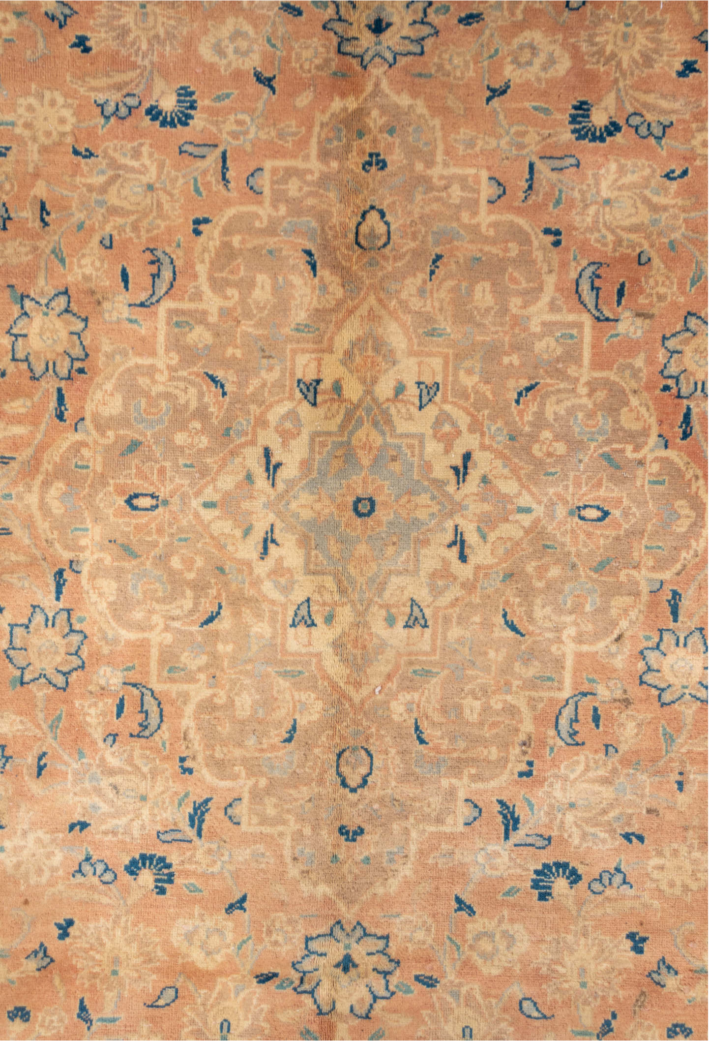 8' x 12' one-of-a-kind handmade vintage Kashan large size rug. Color palette: bisque, brown, gray, linen, off-white, orange