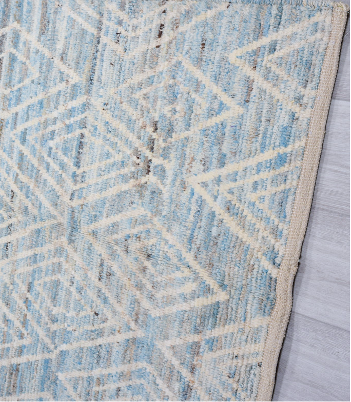 3' x 12' one-of-a-kind handmade vintage Tulu runner rug. Color palette: blue, dark gray, dim gray, gainsboro, gray