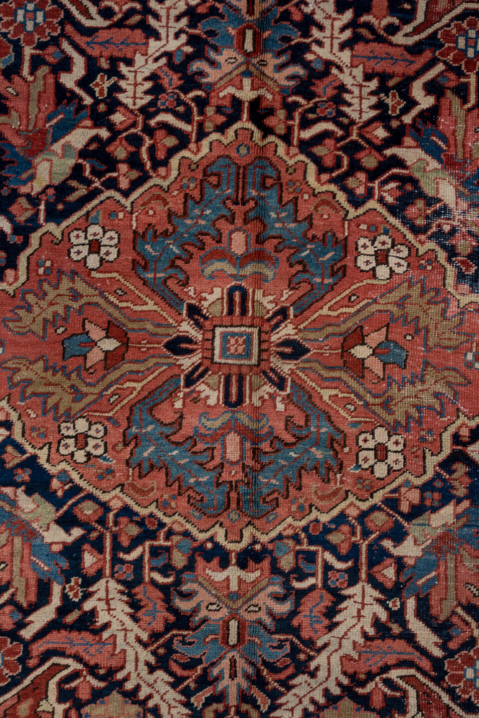 8' x 12' one-of-a-kind handmade vintage Heriz large size rug. Color palette: arapawa, blue, brown, dim gray, fiord, gray