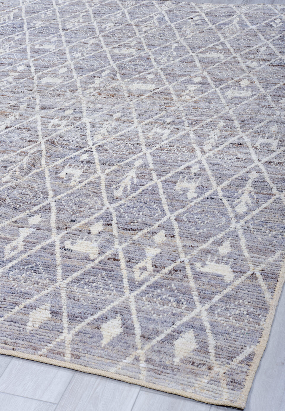 8' x 9' one-of-a-kind handmade vintage Tulu rug. Color palette: blue, dark gray, gainsboro, gray, light blue, light gray