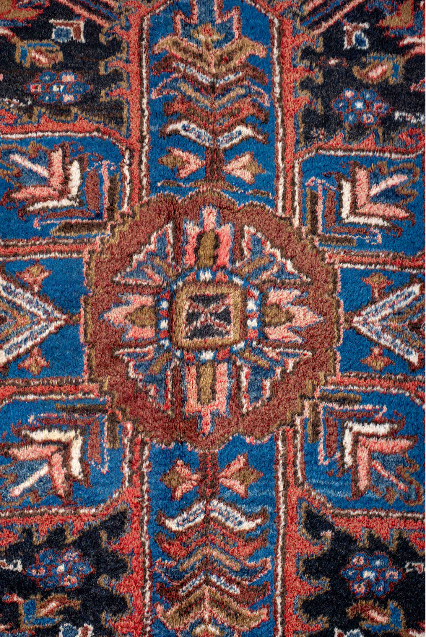 11' x 21' one-of-a-kind handmade vintage Heriz oversize rug. Color palette: blue, gray, pink, off-white, brown, red