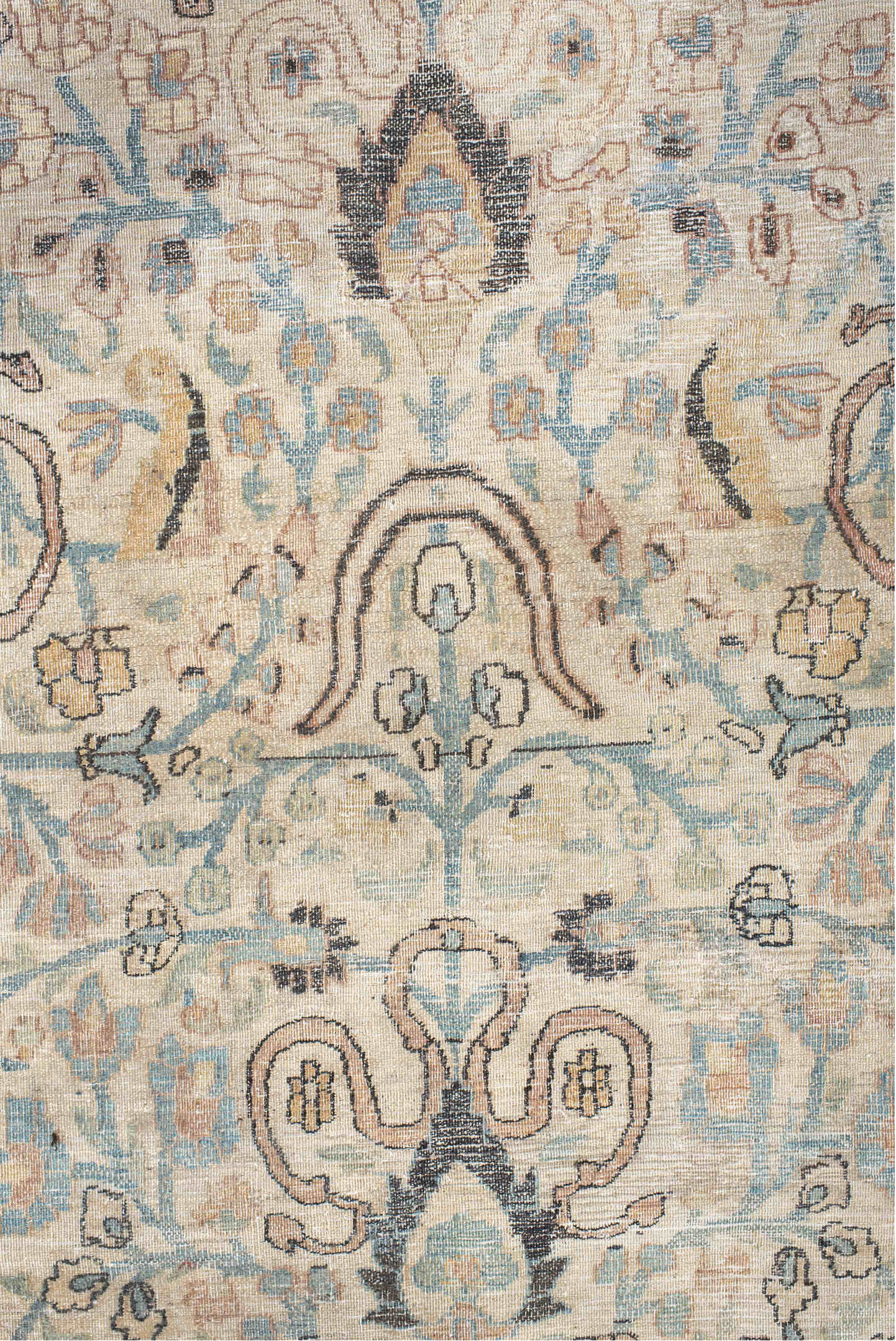 9' x 12' one-of-a-kind handmade vintage Khorassan large size rug. Color palette: blue, brown, dark gray, gray, light gray