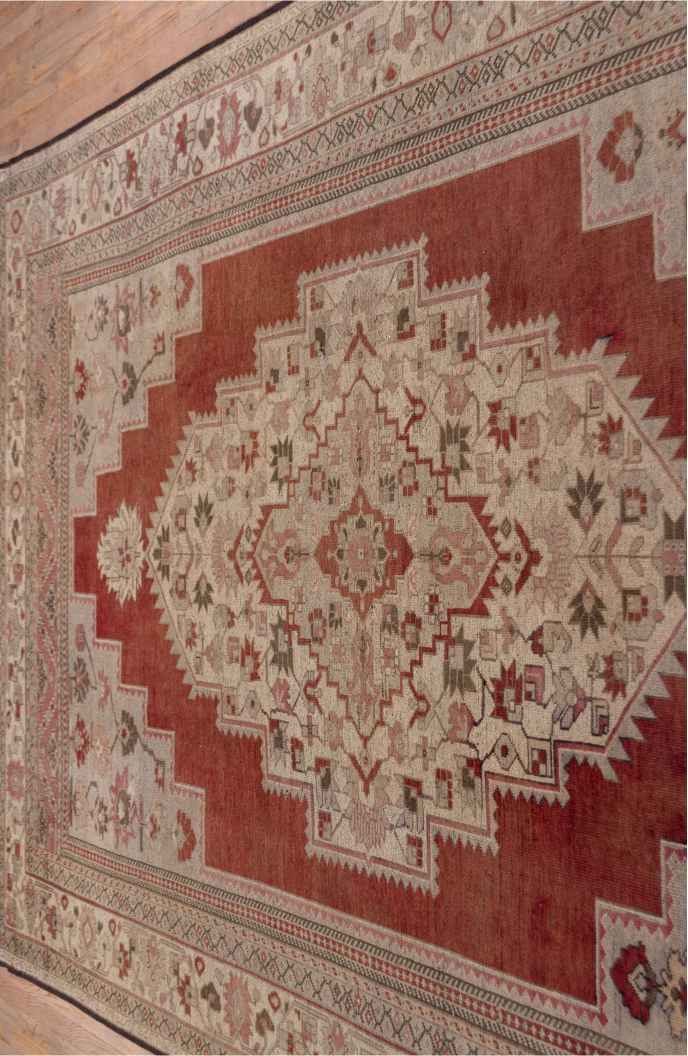 7' x 12' one-of-a-kind handmade vintage Oushak large size rug. Color palette: brown, gray, pink, red, redwood