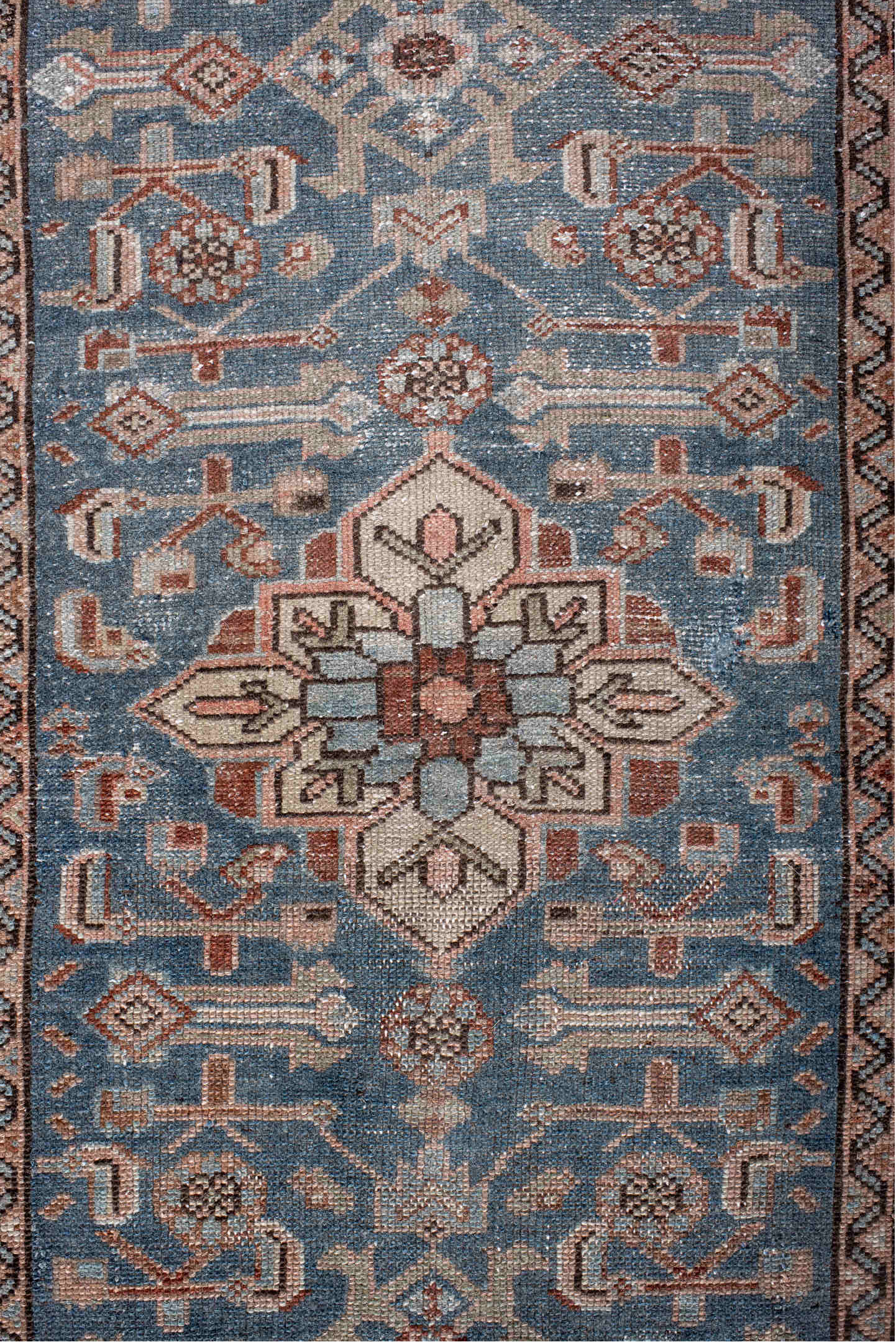 2' x 9' one-of-a-kind handmade vintage Hamadan runner rug. Color palette: blue, brown, dark gray, dim gray, fiord, gray
