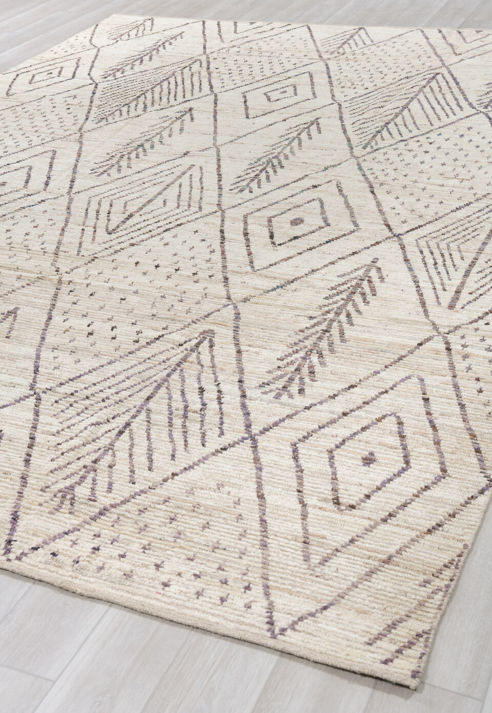 9' x 14' one-of-a-kind handmade vintage Tulu large size rug. Color palette: gray, light gray, linen, off-white, pink, silver