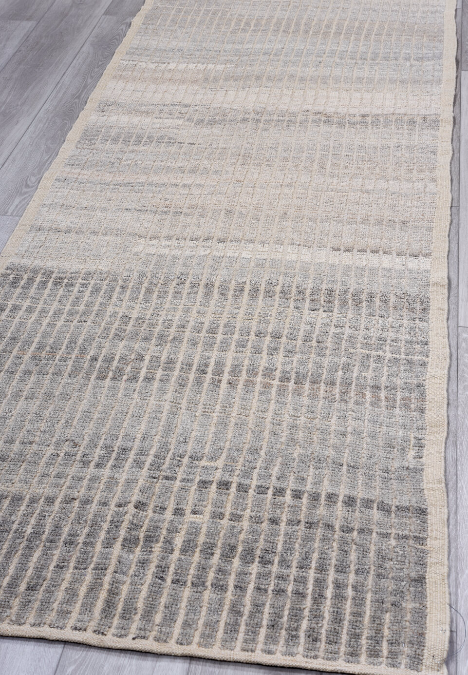 3' x 9' one-of-a-kind handmade vintage Tulu runner rug. Color palette: blue, dark gray, dim gray, gainsboro, gray