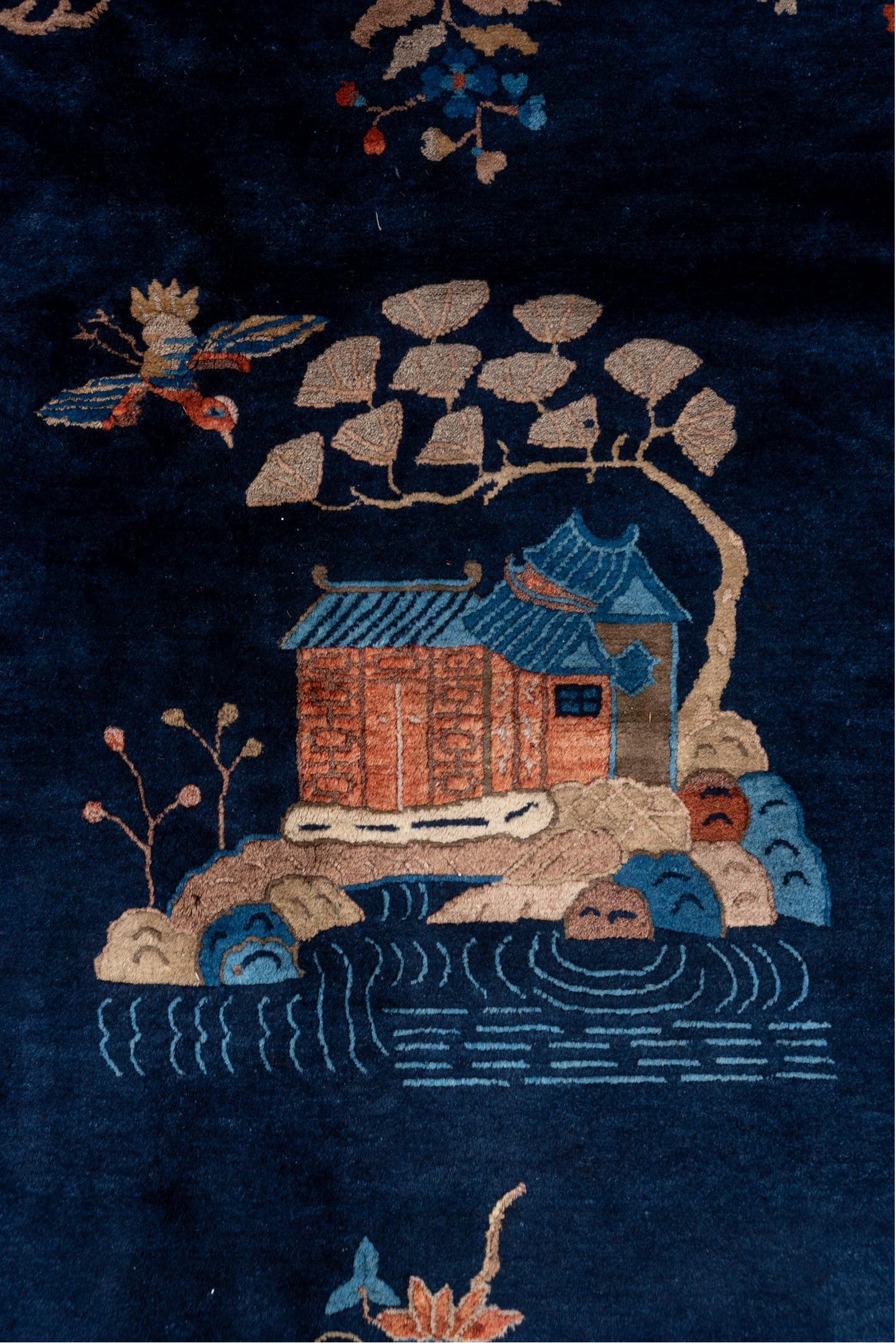 6' x 8' one-of-a-kind handmade vintage Chinese medium size rug. Color palette: black, blue, brown, gray, off-white, pink