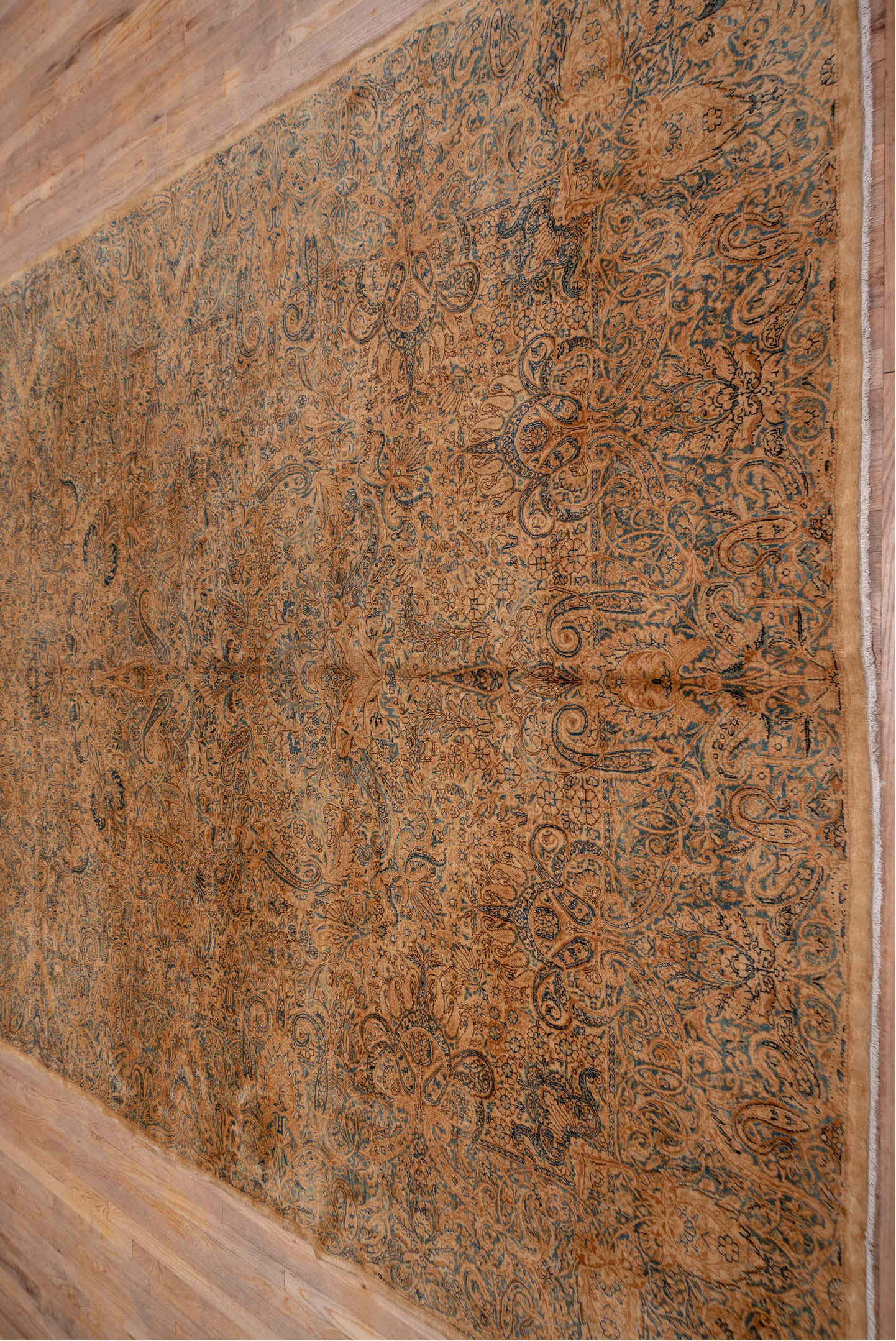 8' x 19' one-of-a-kind handmade vintage Kerman rug. Color palette: brown, gray, orange, pink, off-white, tan