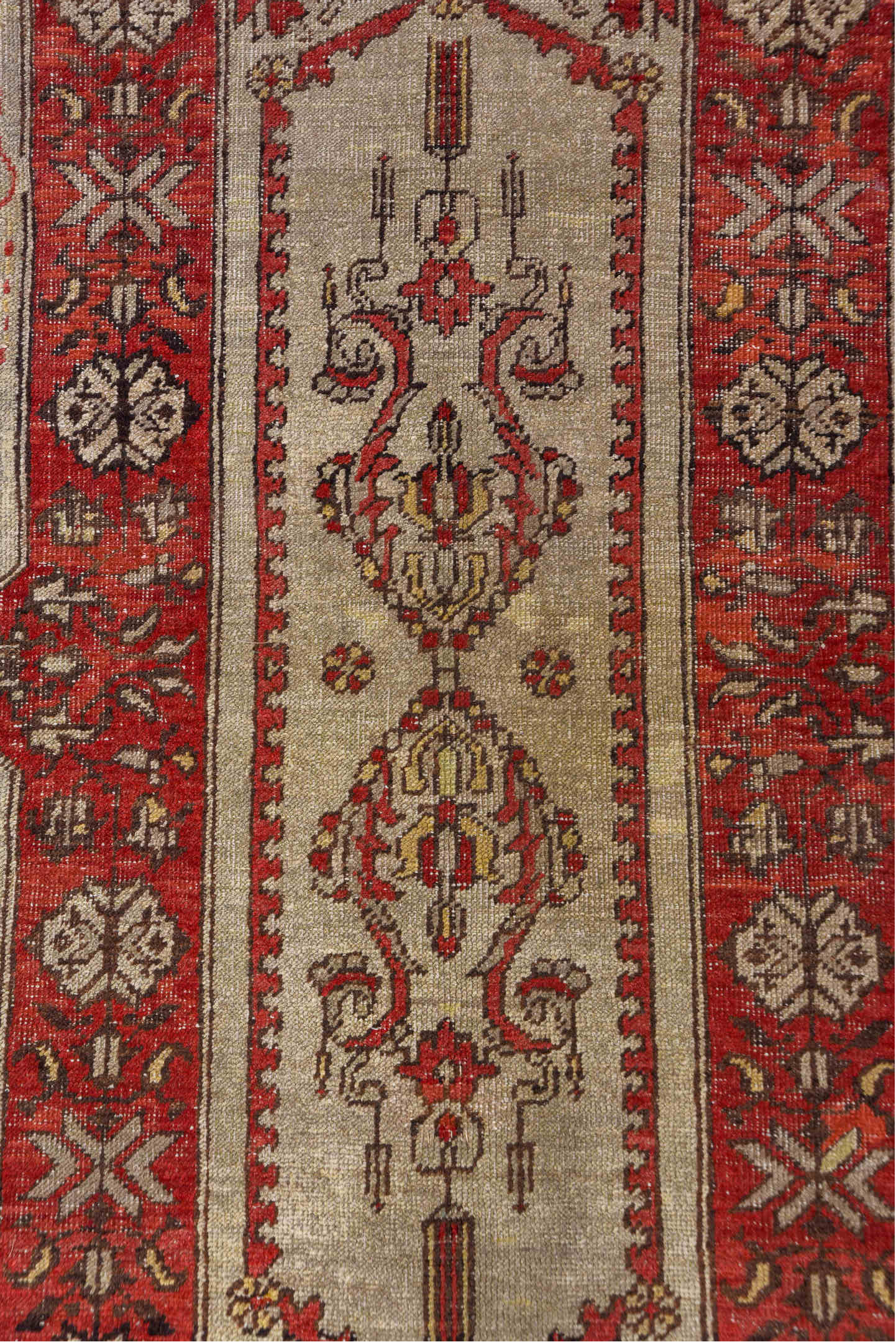 4' x 7' one-of-a-kind handmade vintage Oushak rug. Color palette: brown, gray, pink, red, redwood