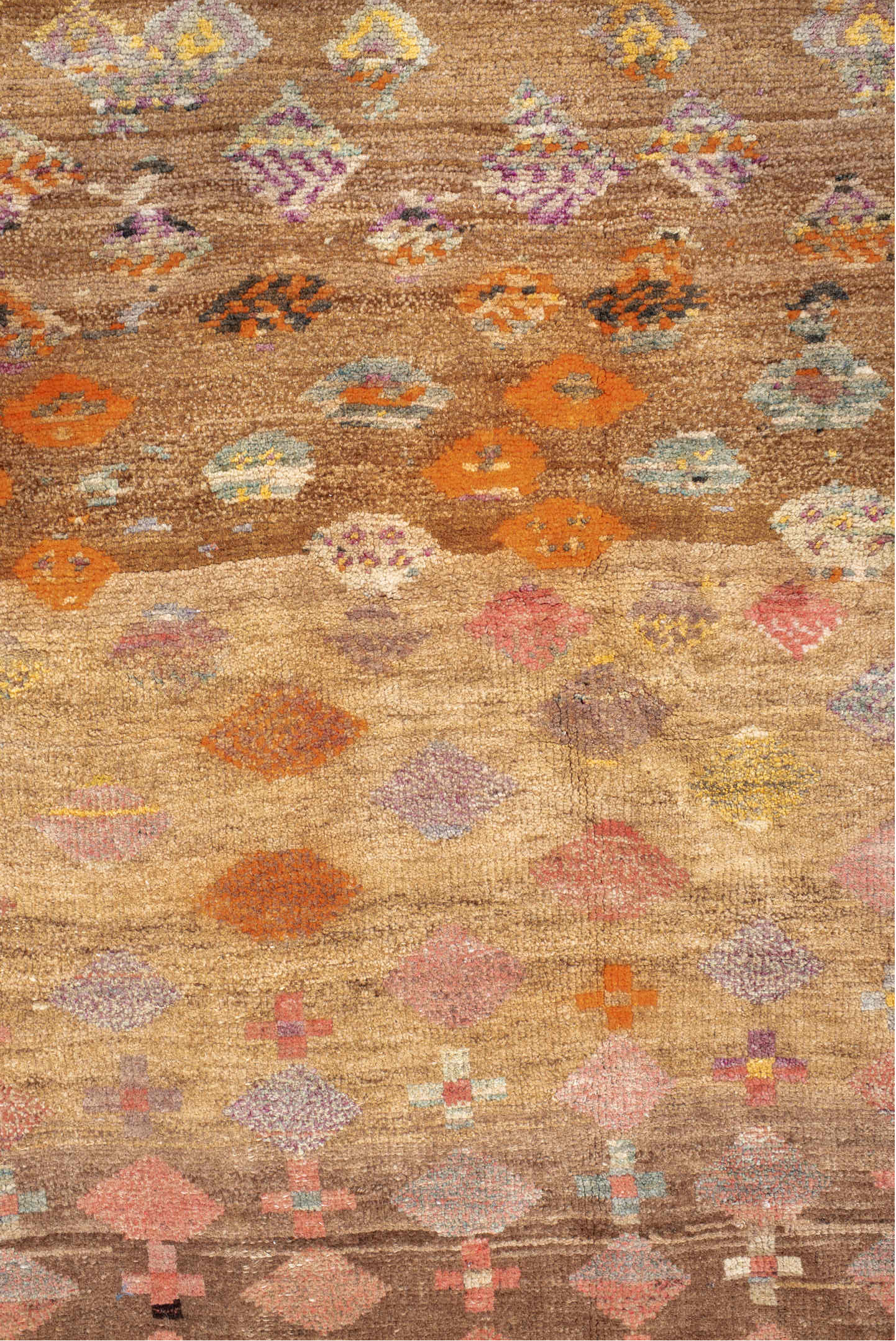 3' x 7' one-of-a-kind handmade vintage Kars rug. Color palette: brown, yellow, orange, off-white, pink, gray, red, burlywood