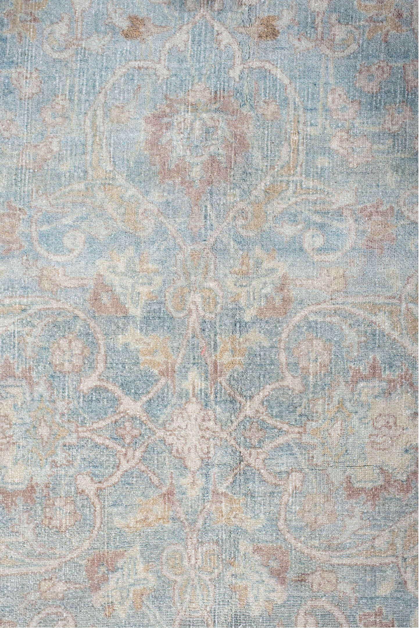 9' x 13' one-of-a-kind handmade vintage Anatol large size rug. Color palette: light gray, off-white, gray, light blue, pink