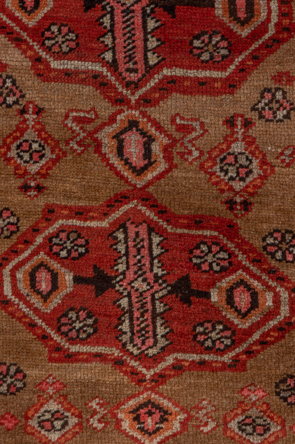 3' x 10' one-of-a-kind handmade vintage Sarab runner rug. Color palette: brown, gray, light gray, maroon, off-white, pink