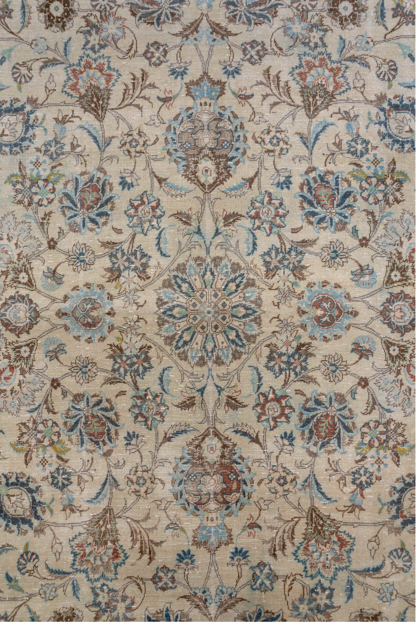 9' x 13' one-of-a-kind handmade vintage Kashan large size rug. Color palette: blue, brown, gray, light gray, silver