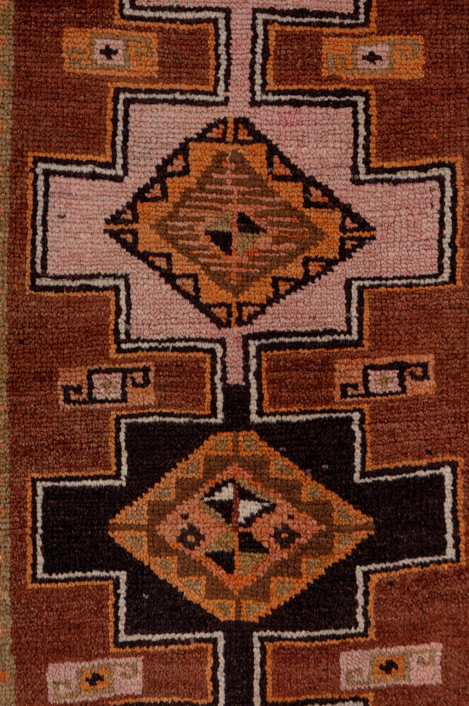 2' x 13' one-of-a-kind handmade vintage Kars runner rug. Color palette: brown, off-white, pink, snow, white, whitesmoke