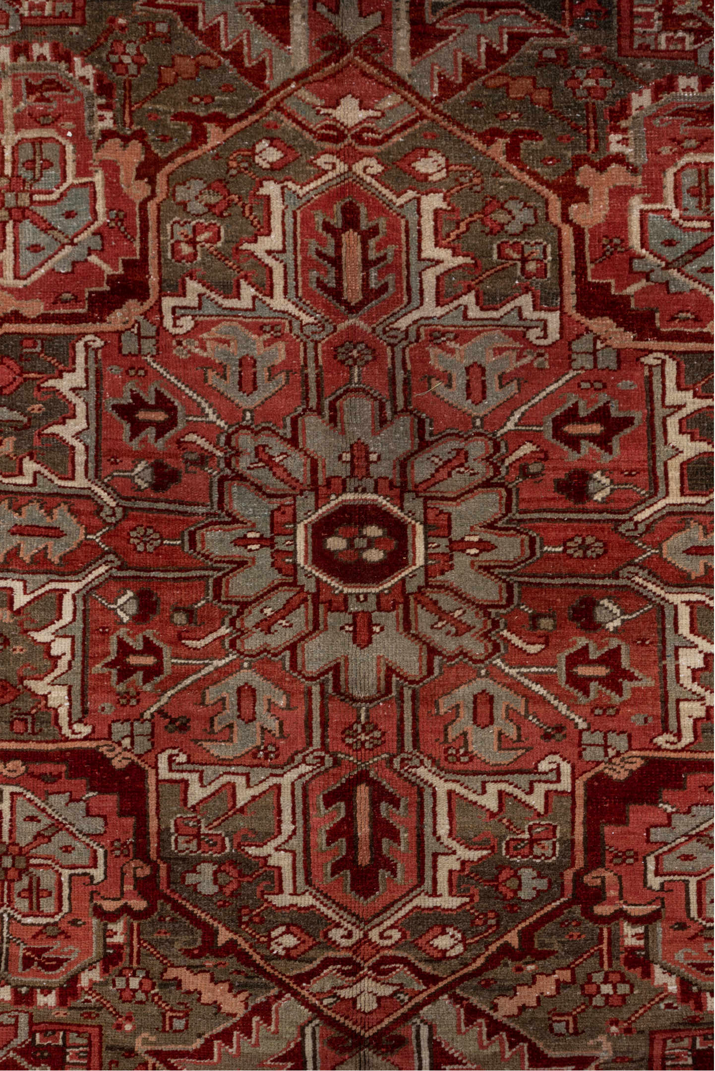 8' x 12' one-of-a-kind handmade vintage Heriz large size rug. Color palette: brown, gray, light gray, pink, red