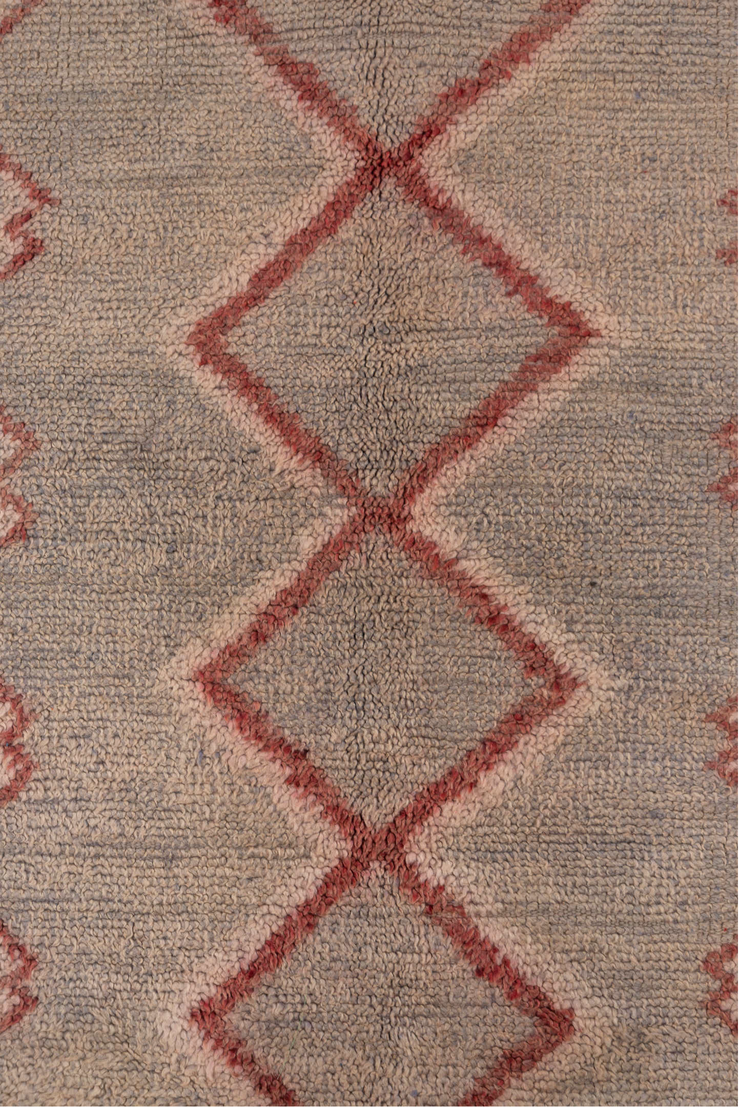 4' x 14' one-of-a-kind handmade vintage Moroccan runner rug. Color palette: brown, gray, off-white, pink, red, snow, white